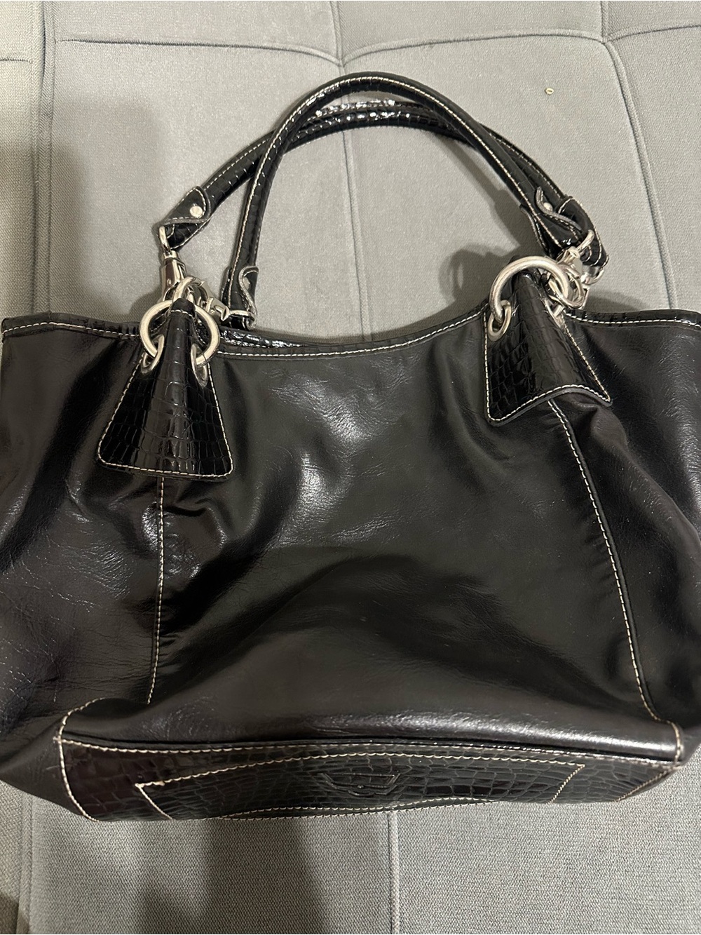 Kathy Van Zeeland Black Leather Shoulder Bag with Silver Hardware